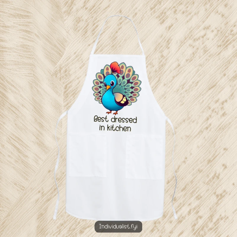 Funny Apron showing a peacock proudly strutting and showcasing a single, brightly colored feather, perfect for stylish cooking.