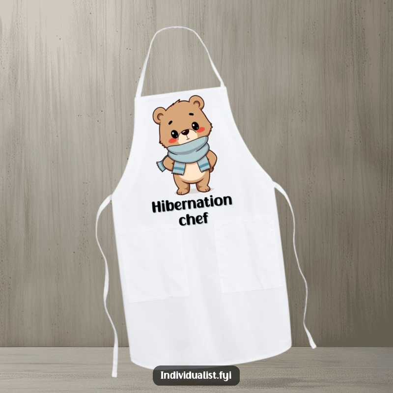 Funny apron showcasing a confident bear cub wearing a stylish scarf and posing, ideal for a humorous and fashionable cooking experience.