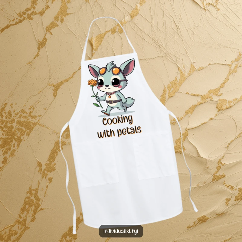 Funny apron showcasing a confident creature with fashionable accessories and an exotic flower, ready to cook with daring style. A culinary statement.