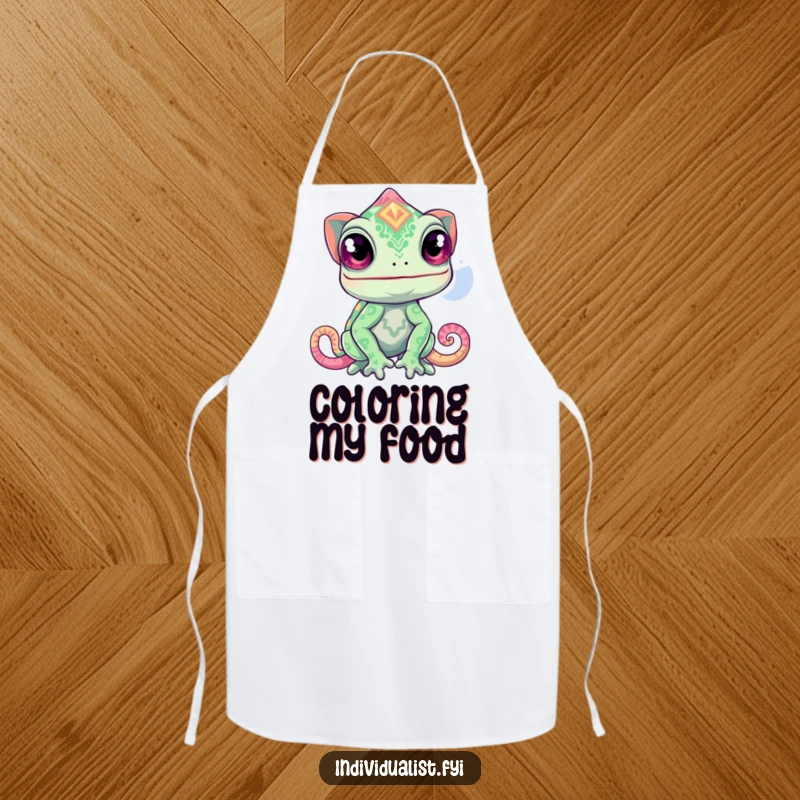 Funny chameleon apron depicting a curious chameleon changing into a wildly unexpected, vibrant pattern, perfect for artists.