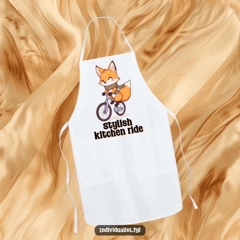 Funny Apron featuring a charming fox with a bright scarf confidently riding a unicycle, designed to keep you clean with whimsical flair.