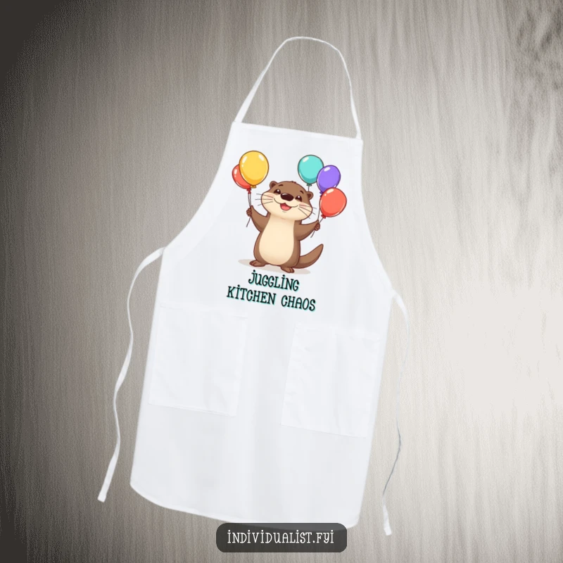 Funny otter apron depicting a happy otter juggling colorful, oddly shaped balloons, perfect for playful chefs.