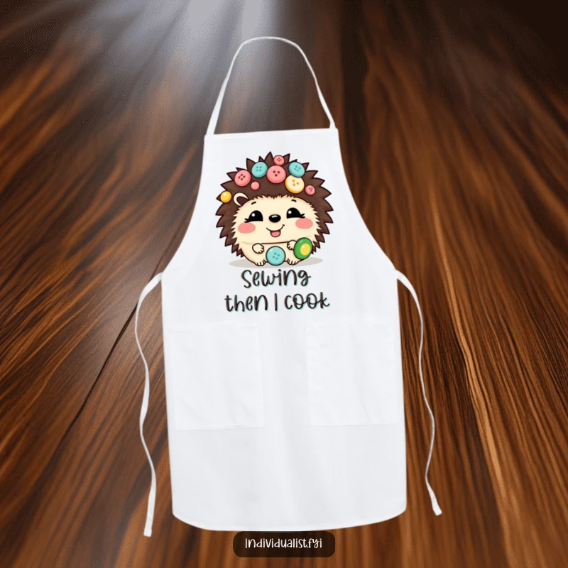 Funny hedgehog apron designed with a giggling hedgehog adorned with various buttons, perfect for adding humor to kitchen activities.