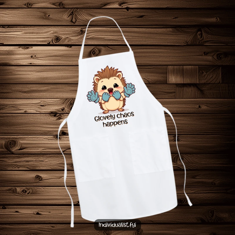 Funny hedgehog apron showcasing a cheerful character proudly displaying a mismatched pair of gloves while cooking.