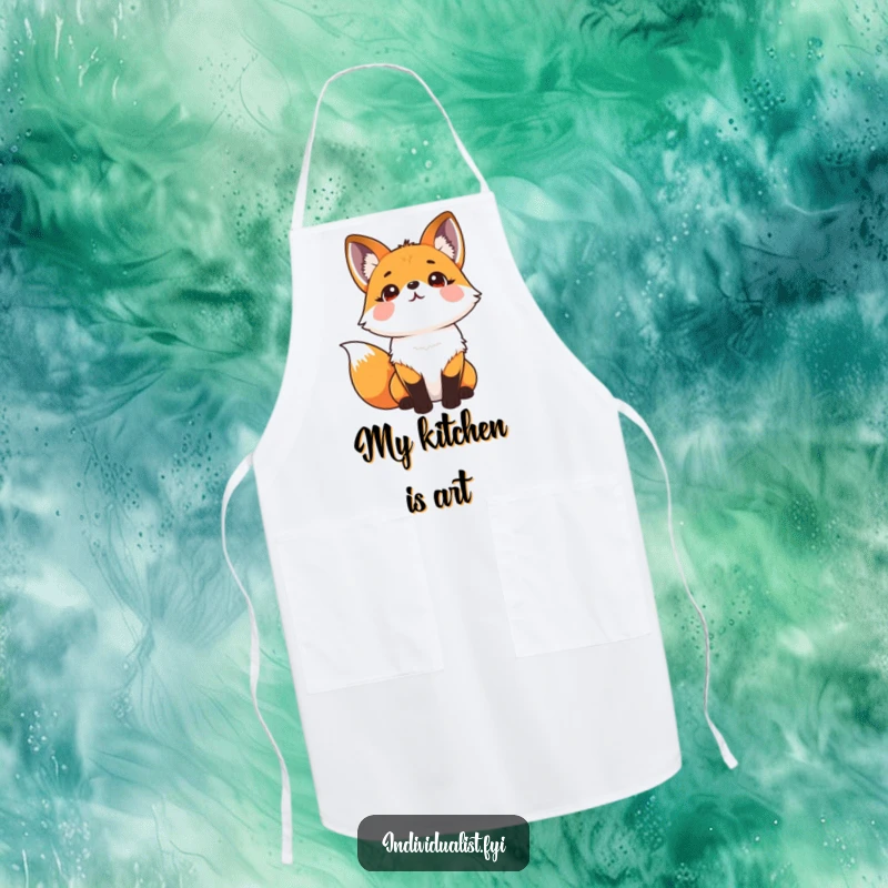 Funny apron featuring a cheerful fox with a dazzling kaleidoscope fur pattern, looking upwards with a creative spark.