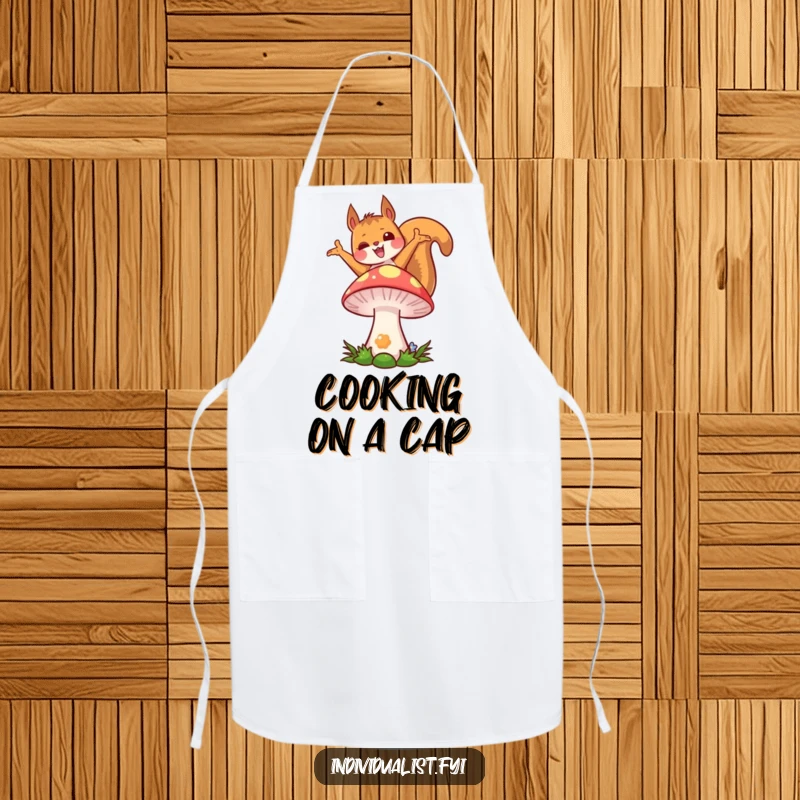 Funny kawaii squirrel apron, depicting a joyful squirrel striking a pose on a colorful mushroom, ready for kitchen fun.
