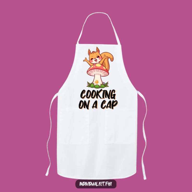 Funny Kawaii Squirrel Apron: Joyful Pose, Colorful Mushroom, Kitchen Fun Gift