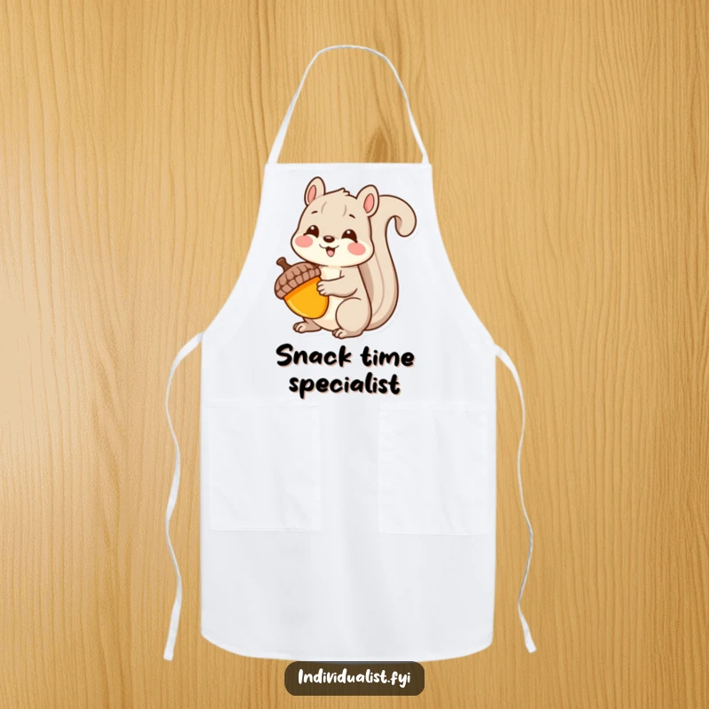 Funny Kawaii squirrel apron, showing a delighted squirrel holding a unique acorn, perfect for a charming kitchen accessory.
