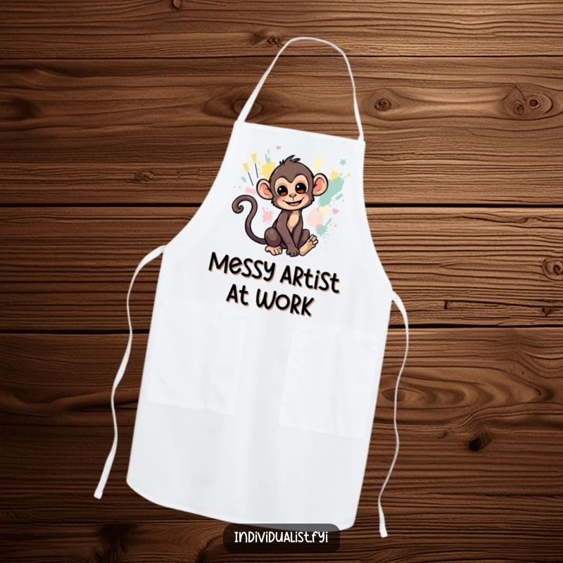 Funny apron with a mischievous monkey creating abstract art with its tail, perfect for kitchen creativity.