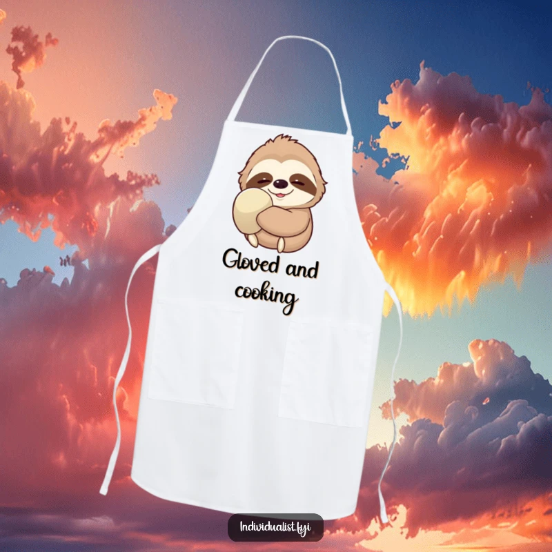Funny Sloth Apron depicting a contented sloth chef wearing one oversized glove and smiling serenely, ready for relaxed cooking.