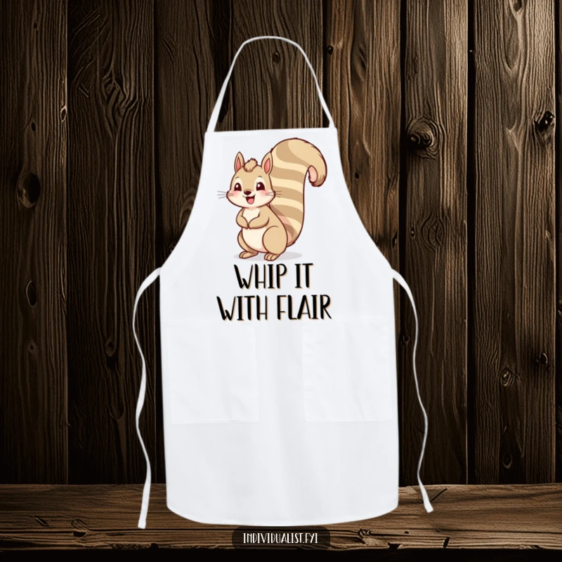 Funny squirrel apron featuring a cheerful squirrel with an exaggeratedly tall, striped tail, perfect for humorous kitchen activities.