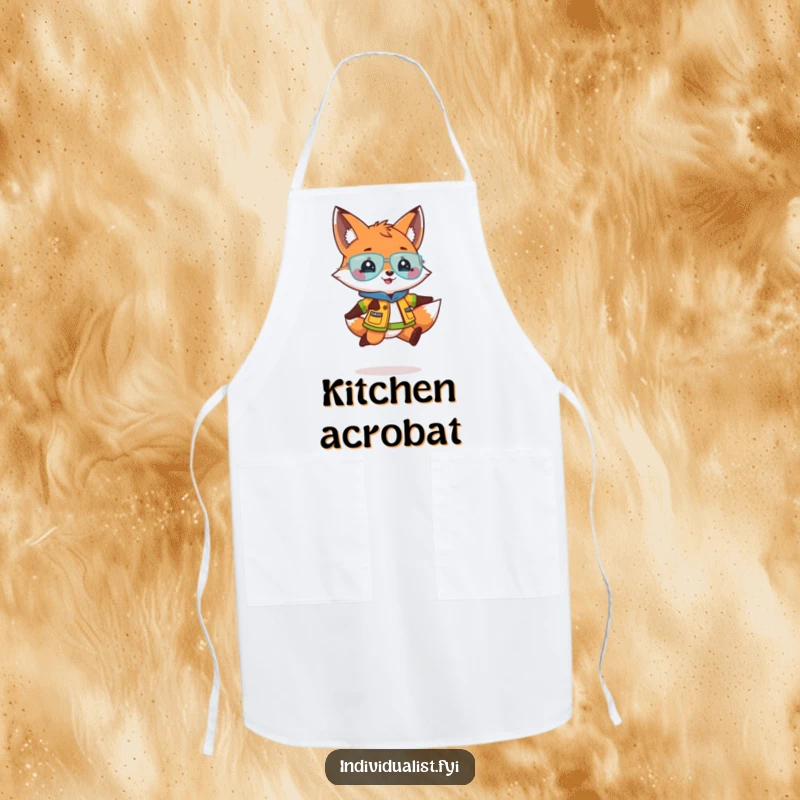 Funny apron showcasing a playful fox in a bright outfit doing a lively jump, ideal for a fun and humorous cooking experience.