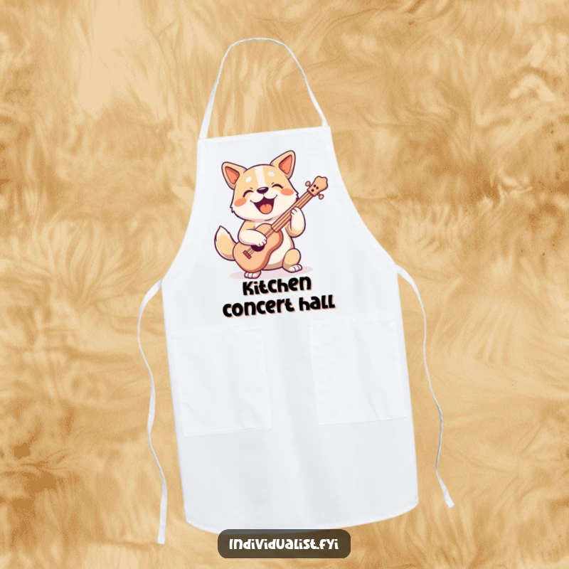 Funny joyful dog character playing a uniquely shaped musical instrument while wearing a chef's hat on this humorous kitchen apron.