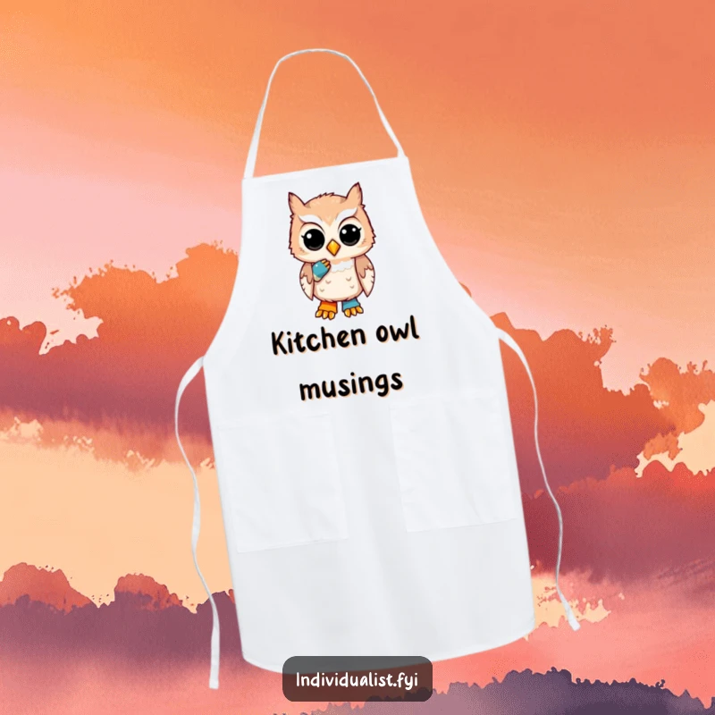 Funny apron showcasing a unique owl with a thoughtful expression and one mismatched sock, ideal for a humorous cooking experience.