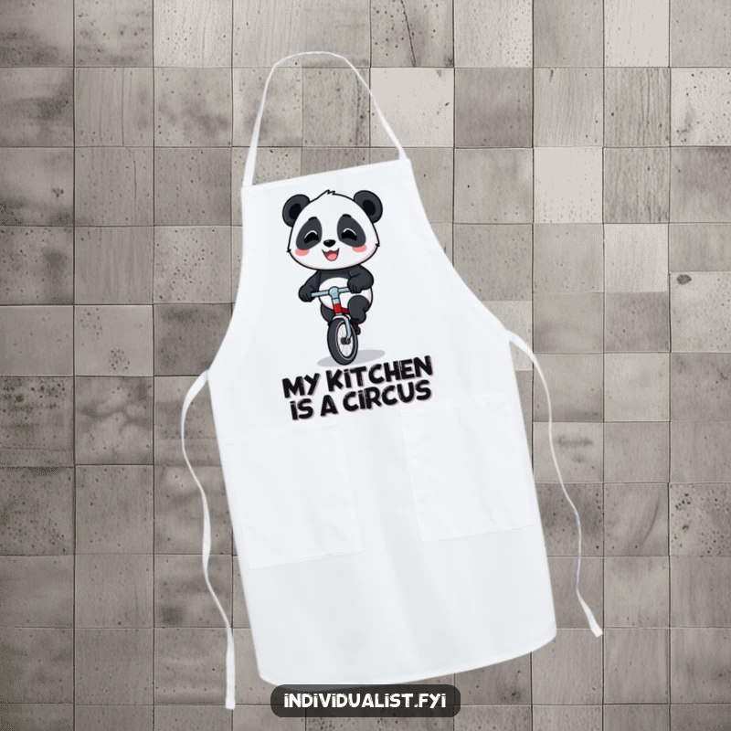 Funny panda unicycle apron depicting a happy panda with a proud grin, balancing on a tiny unicycle, for kitchen fun.