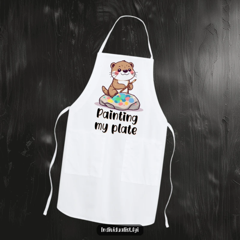 Funny kawaii otter apron, depicting a playful otter painting a vibrant, abstract pattern on a rock, ready for kitchen art.
