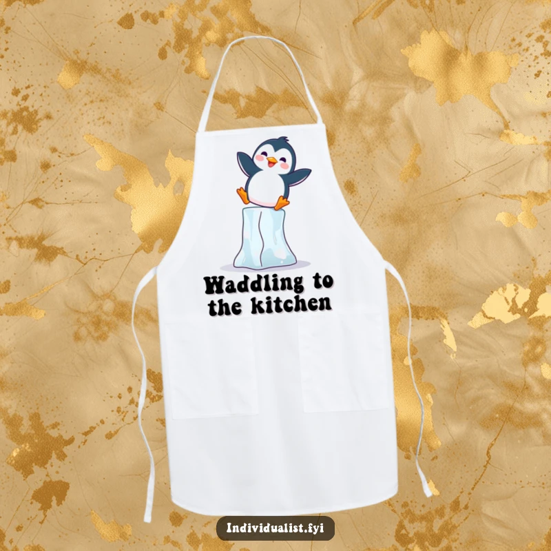 Funny Penguin Apron: Joyful penguin balancing on an ice block, ready to cook with enthusiasm and humor.