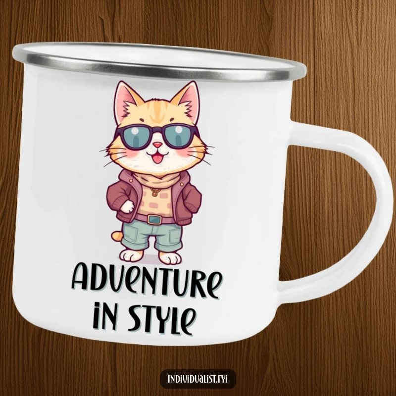 Funny Cat Camping Mug: A happy cat in mismatched attire enjoys the outdoors, perfect for sipping beverages.
