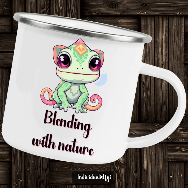 Funny chameleon camping mug, curious chameleon displaying a vibrant, unexpected pattern, outdoor color splash.