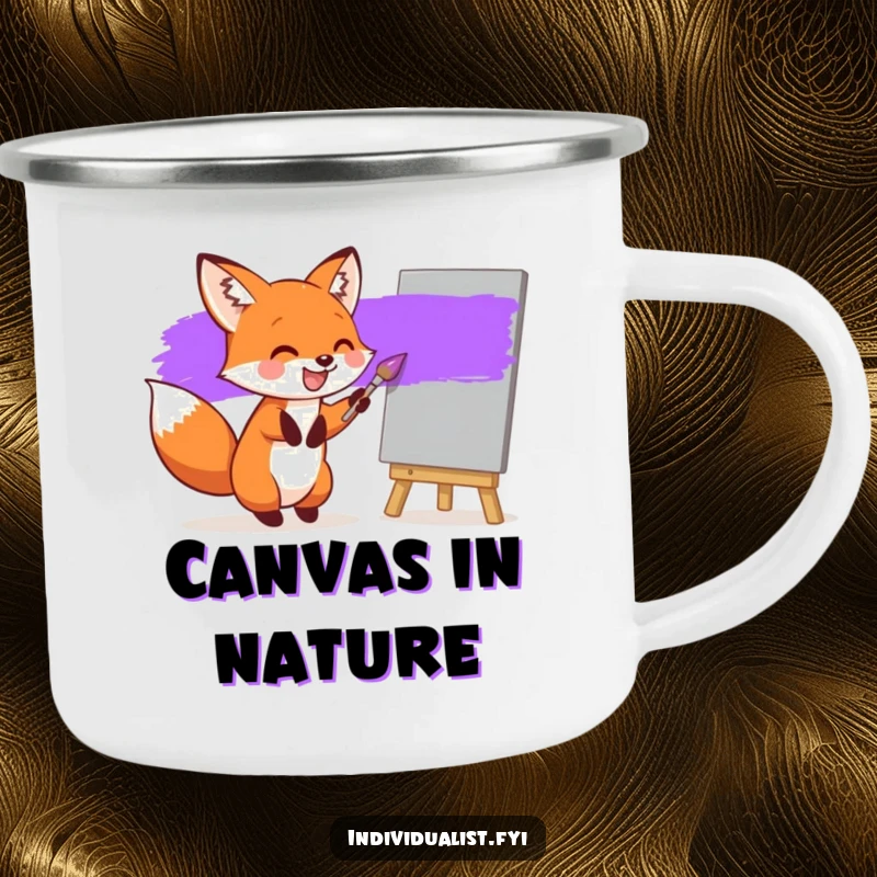 Funny camping mug featuring a joyful fox painting a purple stripe, perfect for outdoor drinks with artistic humor.