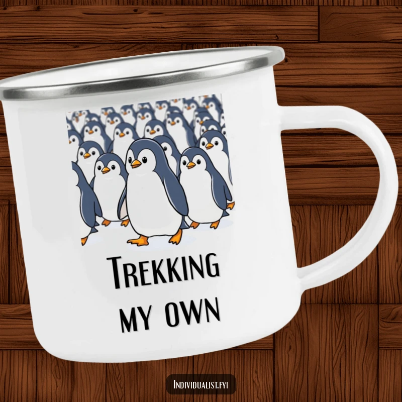 Funny Kawaii penguin purposefully walking against identical penguins on a durable camping mug, for unique outdoor experiences.