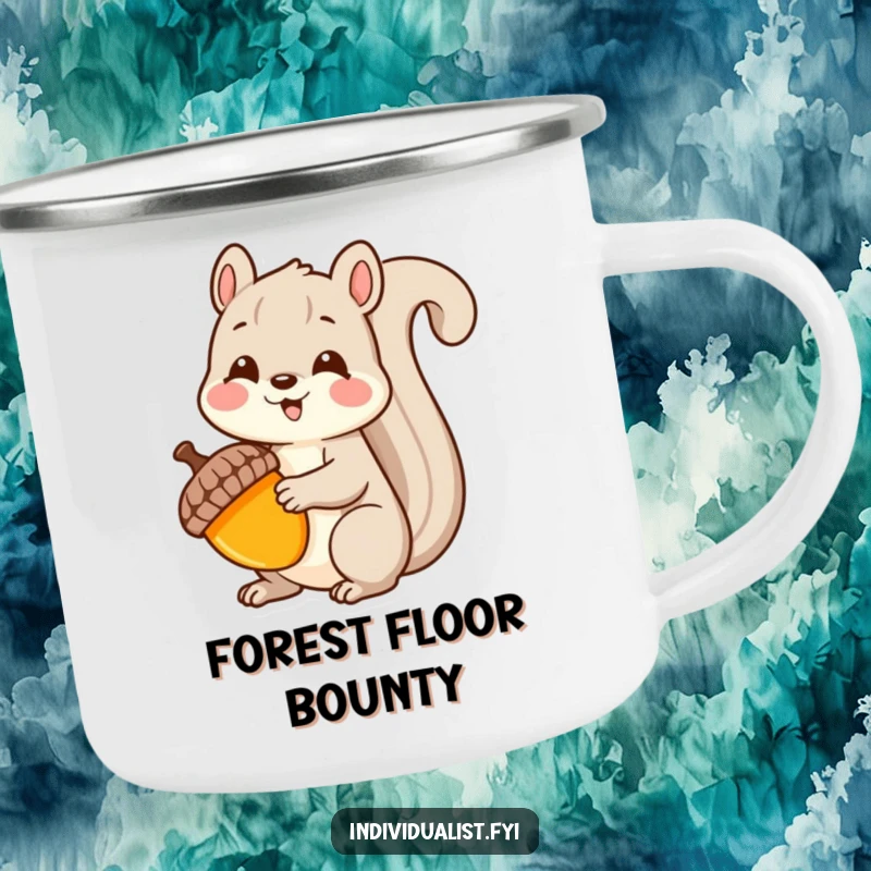 Funny Kawaii squirrel camping mug, featuring a delighted squirrel holding a unique acorn, perfect for outdoor brews.
