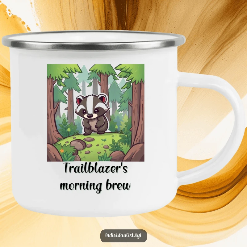 Funny Camping Mug: A determined badger forges its path through a forest, perfect for adventurers who love the outdoors.