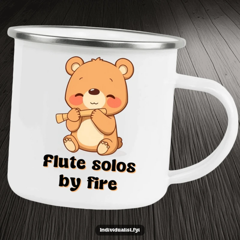 Funny camping mug with a smiling bear cub playing a tiny flute, ideal for outdoor music lovers.