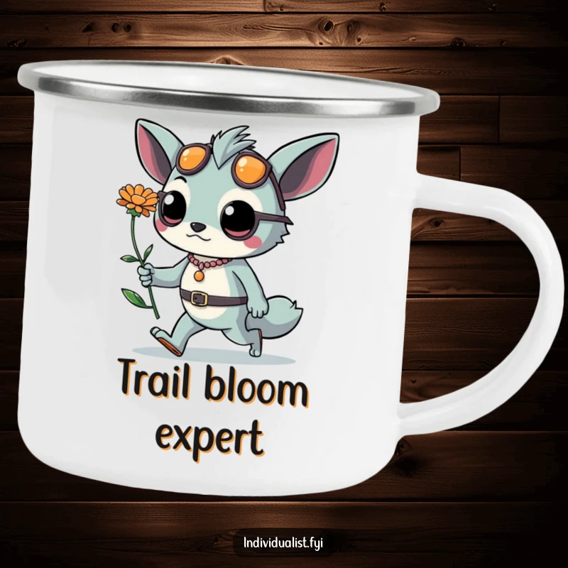 Funny camping mug featuring a stylish creature with daring accessories and an exotic flower, walking confidently. Rugged humor for the outdoors.