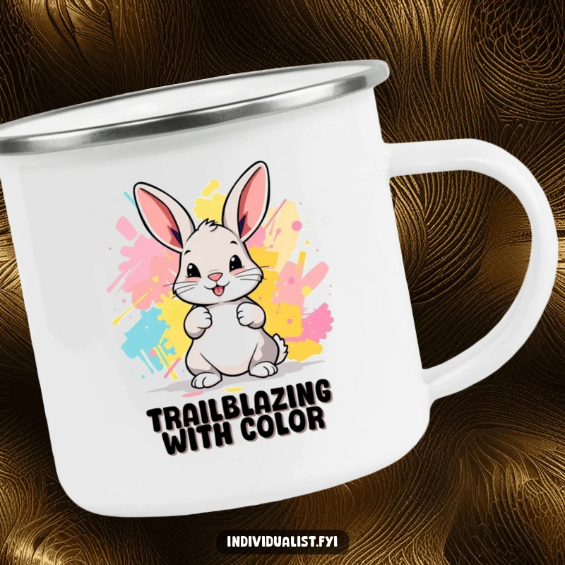 Funny Bunny Camping Mug: A playful bunny artist enjoys a drink from a camping mug, inspiring creativity.
