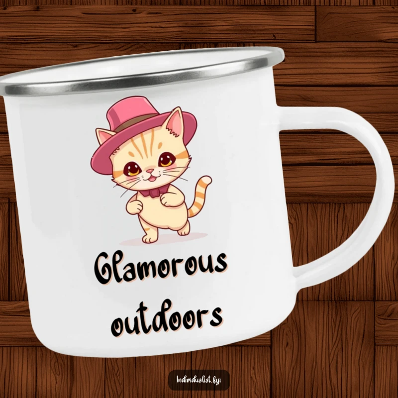 Funny camping mug with a smirking cat wearing a flamboyant hat, perfect for outdoor drinks with a dose of humor.