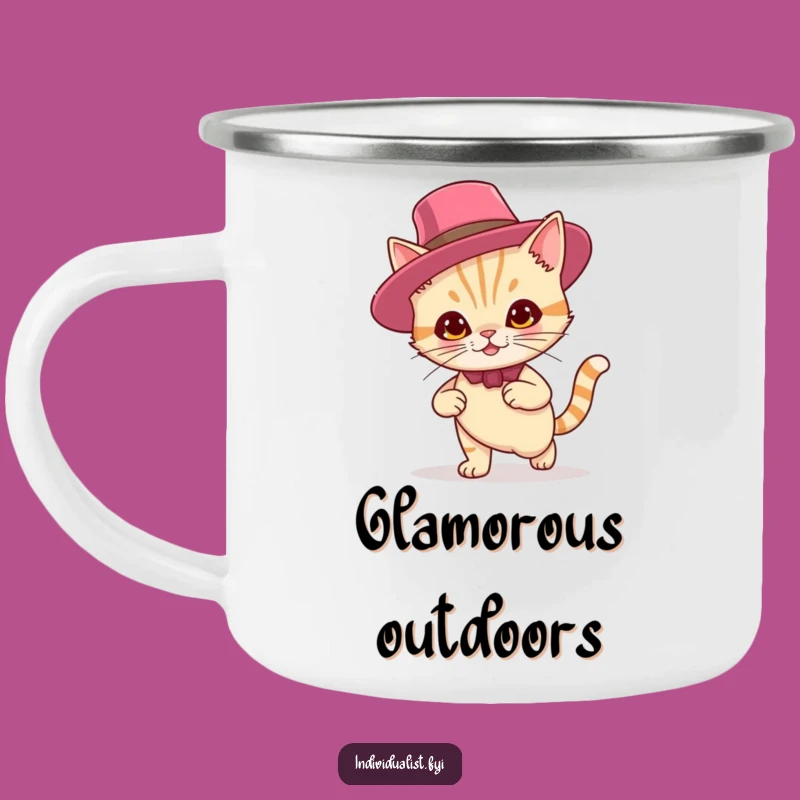 Funny Cat Hat Smirk Camping Mug: Stylish Feline Drinkware, Great Outdoor Humorous Gift