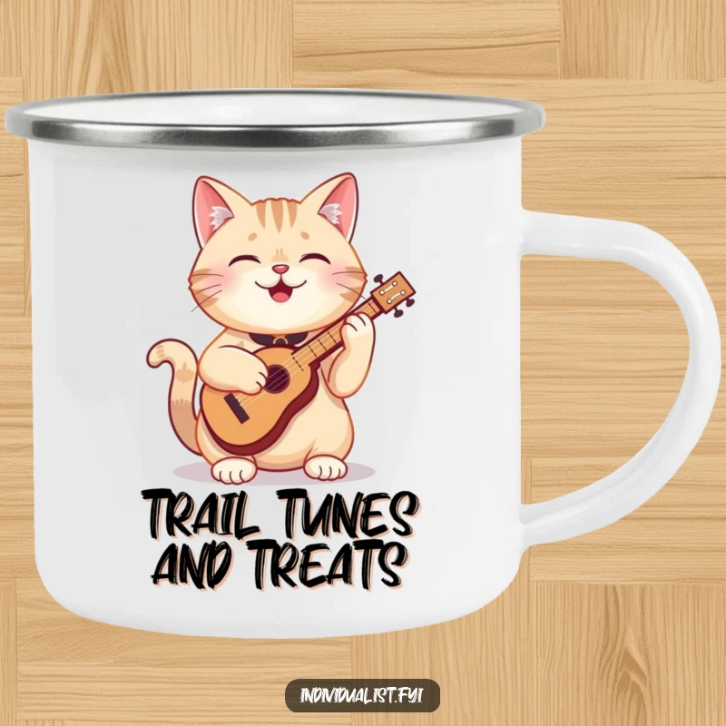 Funny cat camping mug showing a happy cat enthusiastically playing a tiny, odd instrument, ready for outdoor adventures and morning coffee.