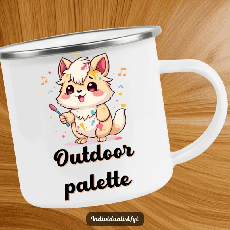 Funny Camping Mug: A creative creature with paint splashes hums a tune, perfect for outdoor artists.