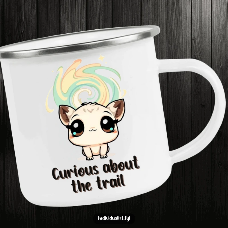 Funny camping mug with a curious creature gazing intently at a swirling abstract pattern, perfect for thoughtful outdoor moments and humor.