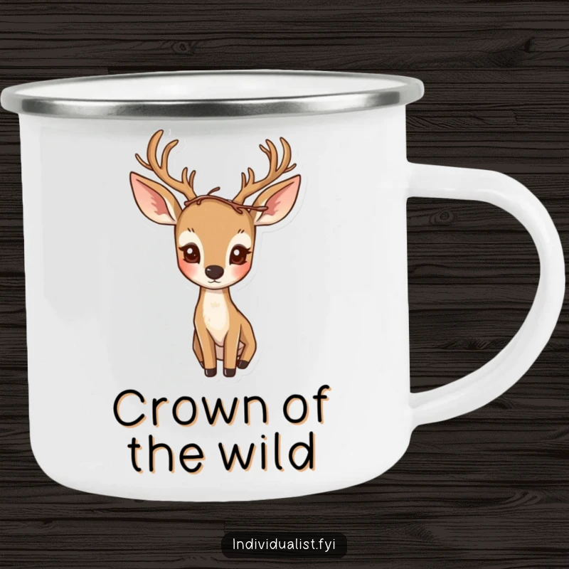 Funny camping mug depicting a curious deer with an asymmetrical twig crown, gazing at the wilderness.