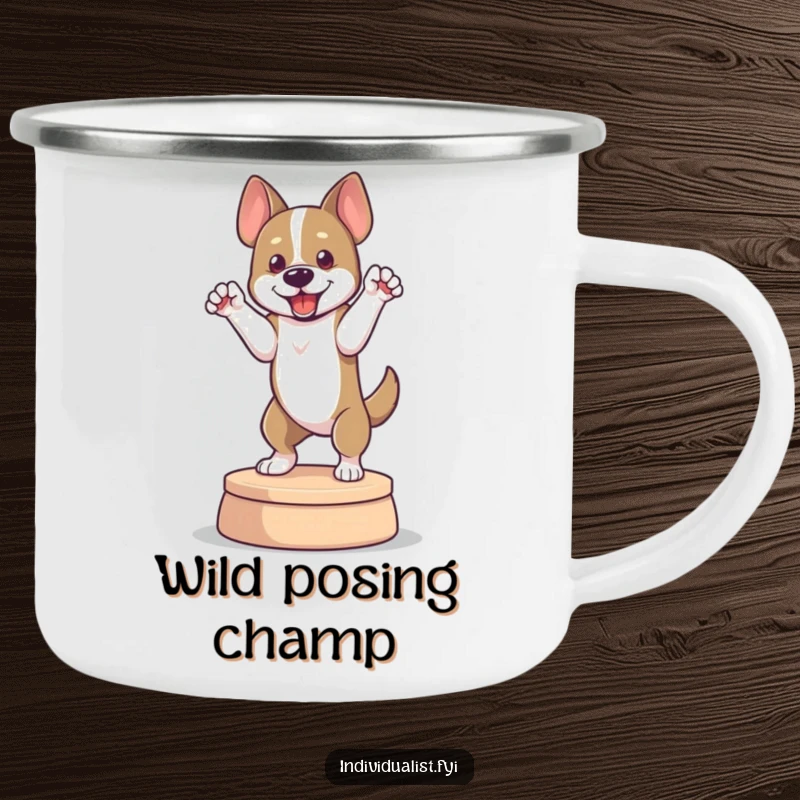 Funny camping mug featuring a dog in a dramatic pose, perfect for outdoor drinks with a dose of theatrical humor.