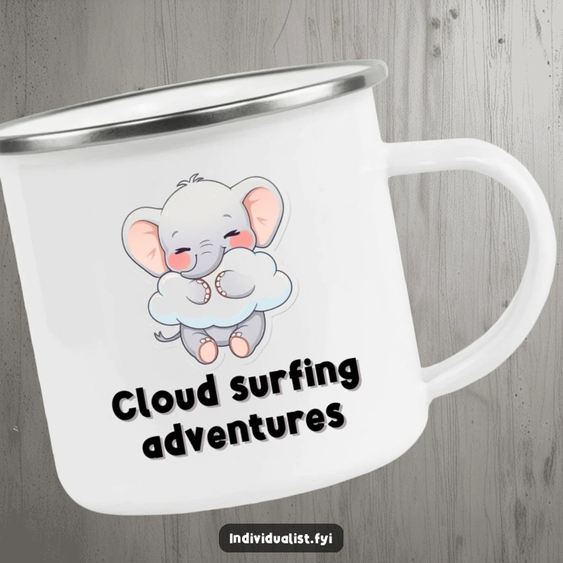Funny Elephant Camping Mug: Playful elephant hugging a cloud, embodying whimsical joy for outdoor adventures.