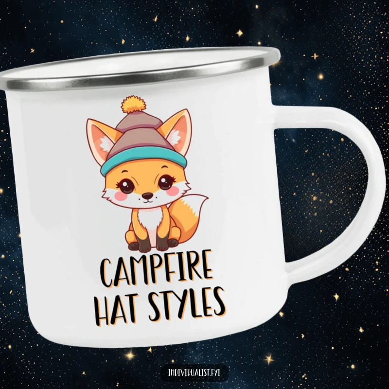 Funny camping mug with a curious fox wearing a vibrant, unique hat, ready for outdoor escapades.