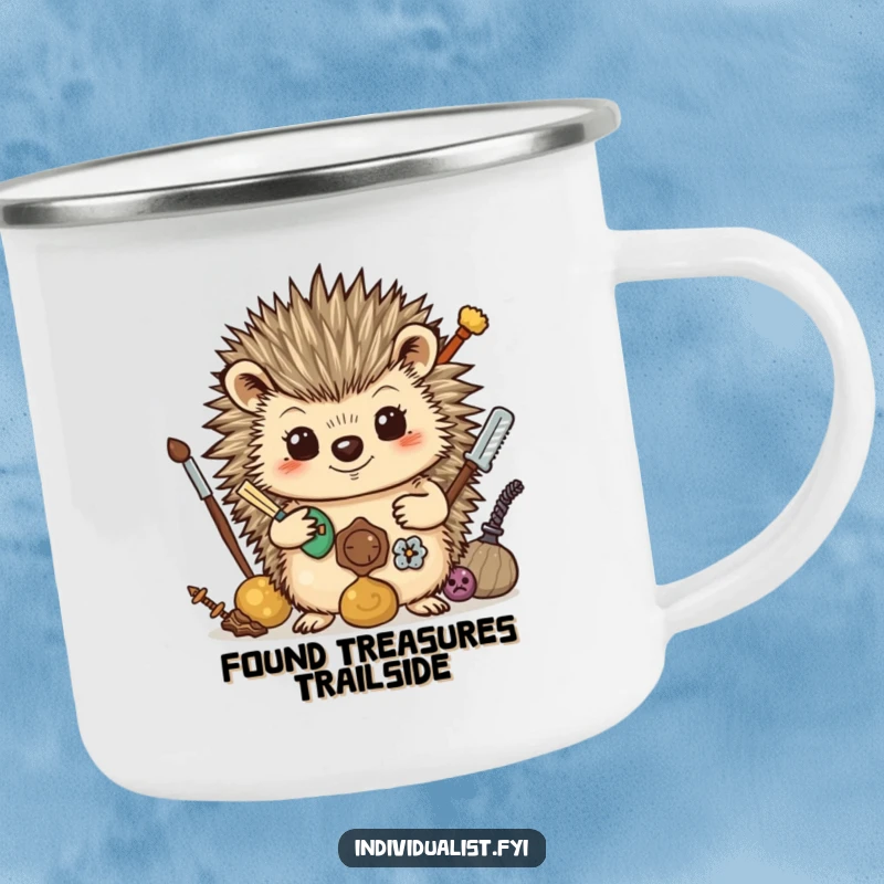 Funny Camping Mug: A proud hedgehog displays its found objects, perfect for outdoor lovers who appreciate quirky collections.