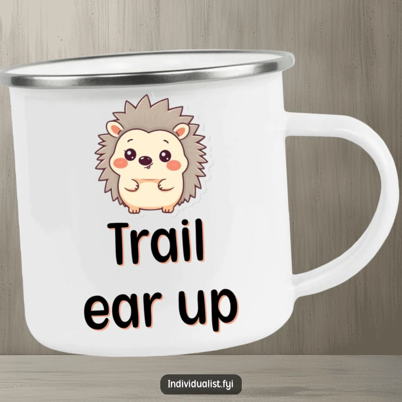Funny Hedgehog Camping Mug showing a happy, spiky companion with one ear standing tall, ideal for enjoying drinks in nature.