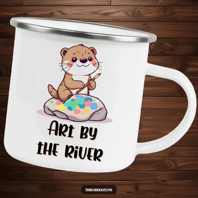 Funny kawaii otter camping mug, showing a playful otter painting an abstract pattern on a rock, ideal for camping.