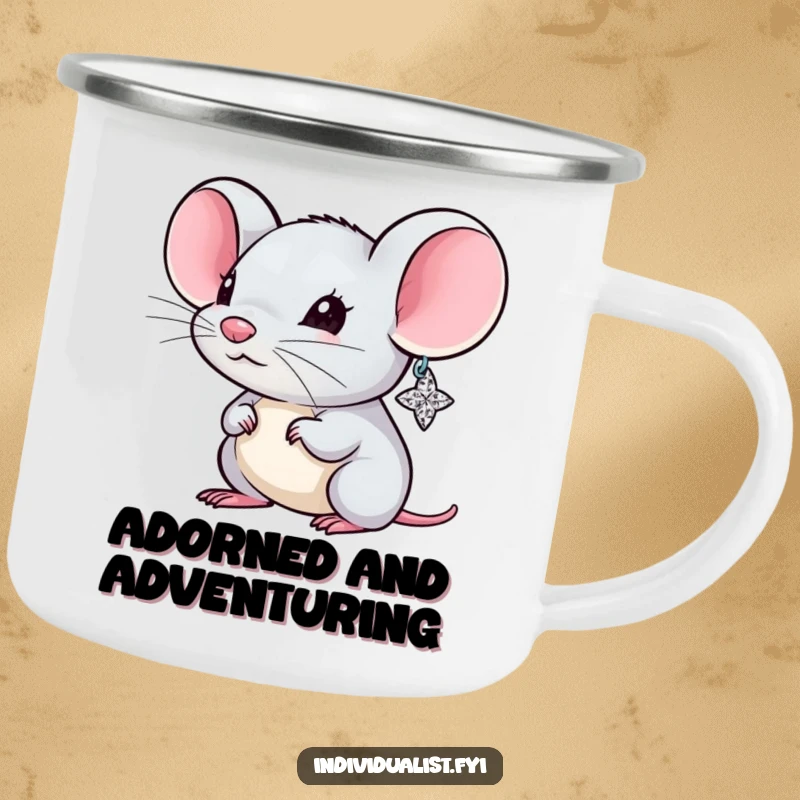 Funny Mouse Camping Mug depicting a tiny explorer mouse with one massive, glittering earring, perfect for sipping beverages outdoors.