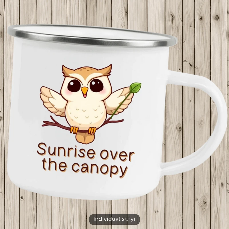 Funny owl leaf camping mug featuring a joyful owl flying with a unique leaf, perfect for outdoor coffee breaks.