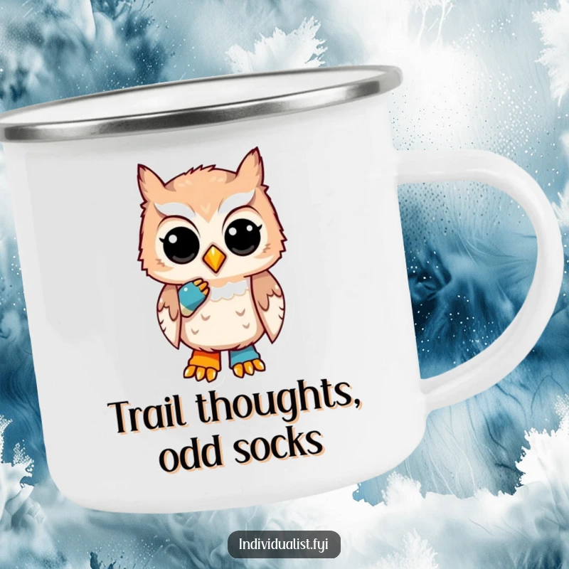 Funny camping mug with a unique owl wearing a thoughtful expression and a mismatched sock, perfect for rugged and humorous outdoor use.