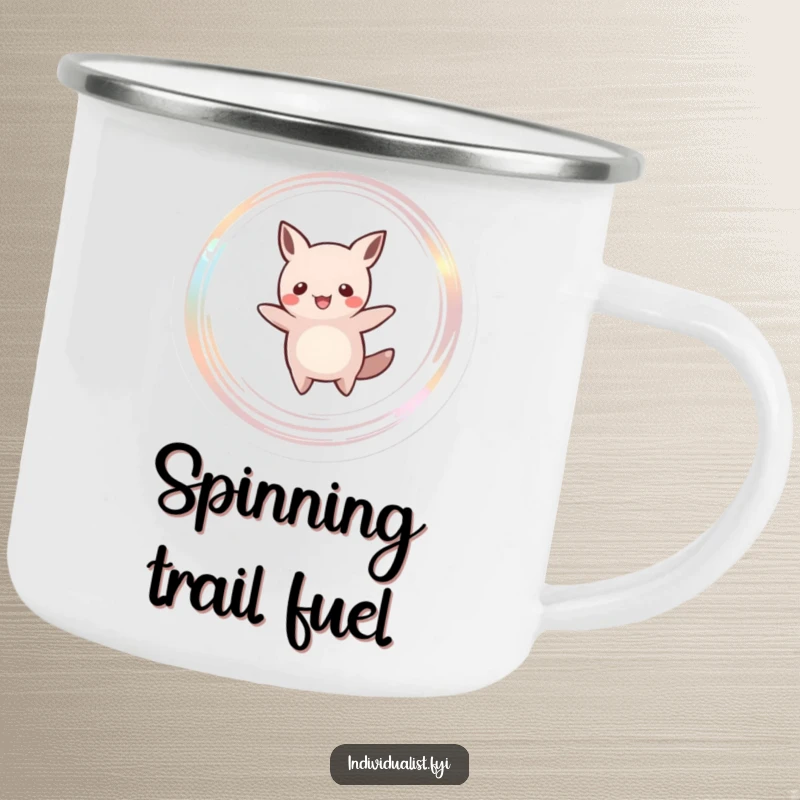 Funny camping mug featuring a happy creature with a unique silhouette spinning ecstatically, leaving a shimmering trail. Built for laughter and adventures.