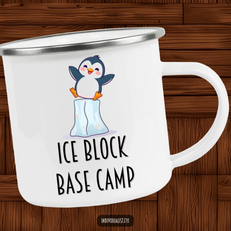 Funny Penguin Camping Mug: Joyful penguin balancing on an ice block, embodying fun and humor outdoors.
