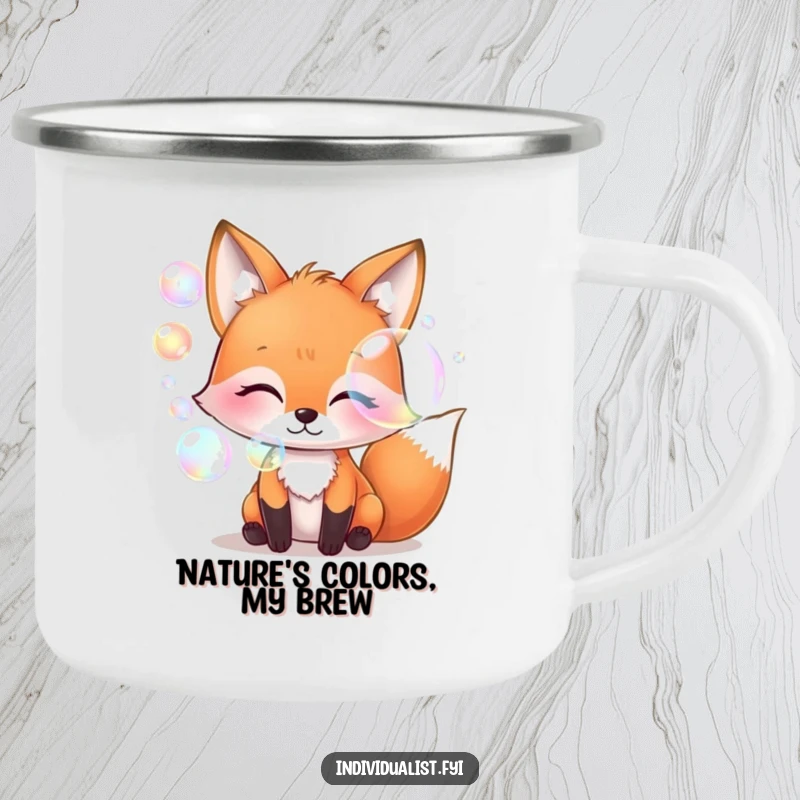 Funny whimsical fox blowing iridescent bubbles, enamel camping mug, outdoor drinkware, magical art, unique and funny gift for hikers.