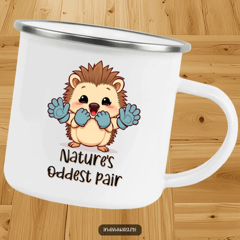 Funny hedgehog camping mug with a cheerful character proudly displaying mismatched gloves, ready for adventure.