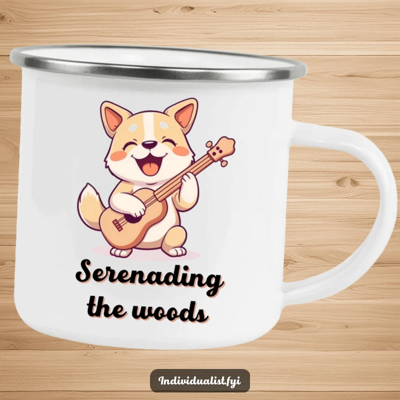 Funny joyful dog character playing a strangely shaped musical instrument with enthusiasm on a durable camping mug.